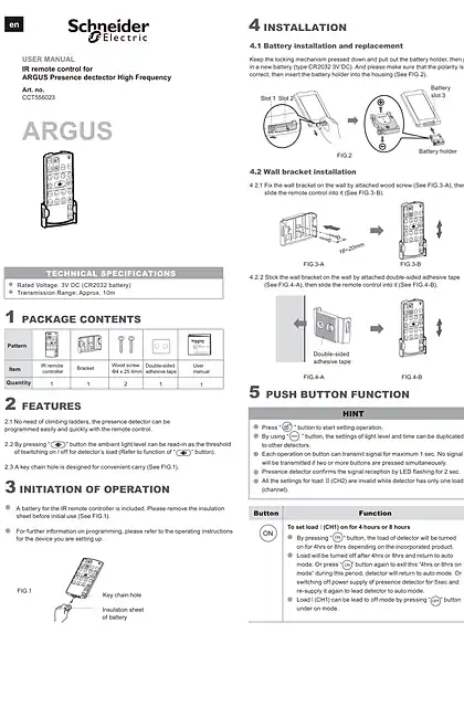 schneider施耐德用户手册 阿格斯 High Frequency 存在探测器 的红外遥控